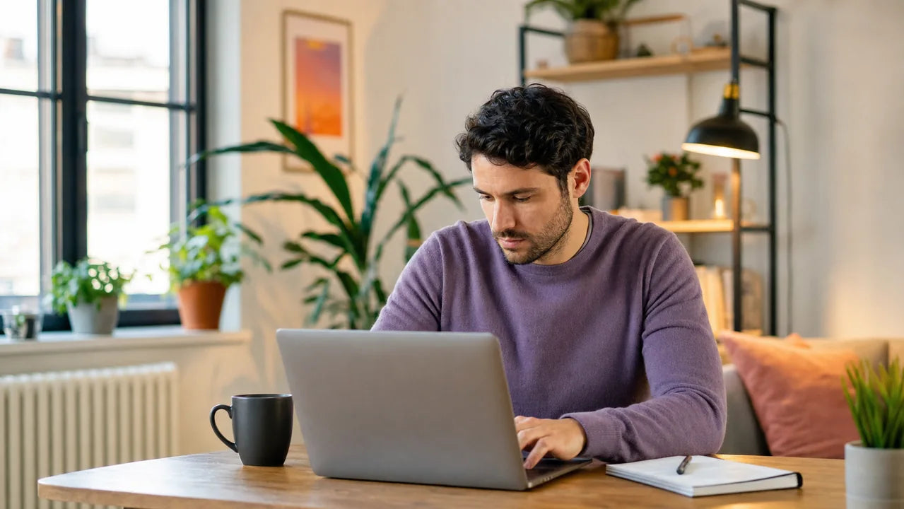 Person focusing on work while their phone rests nearby