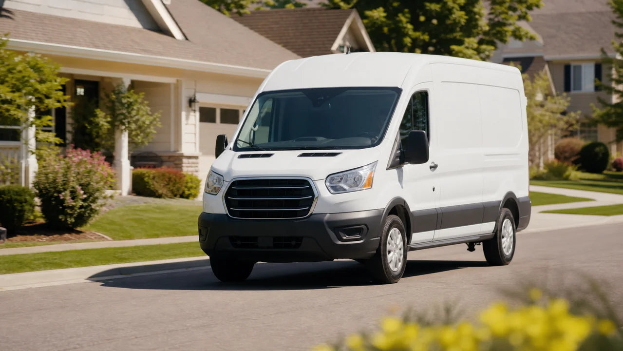 Delivery van bringing an Up-Date order to a U.S. neighborhood